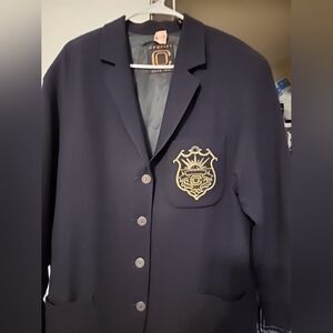 VTG Ellen Tracy 100% Wool Blazer Jacket Sz 10  Blue Lined Crest Pocket 4 Buttons